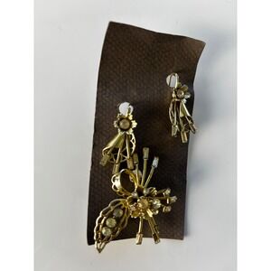 Vintage‎ 1950s Gold Tone Rhinestone Brooch & Screw-Back Earrings MCM Demi-Parure